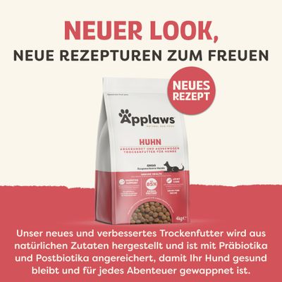 Applaws Huhn Trockenfutter für Hunde, neues Rezept. Aus natürlichen Zutaten, angereichert mit Prä- und Postbiotika, 85% tierisches Protein, getreidefrei, 4kg.