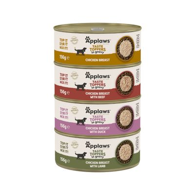 Applaws Taste Toppers in Gravy, Chicken Selection: 4x Chicken Breast, 4x with Beef, 4x with Duck, 4x with Lamb, 16 cans, each 156g, 100% natural ingredients