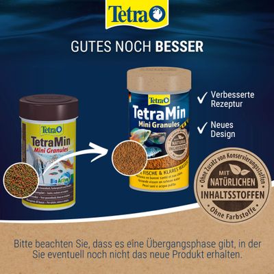 TetraMin Mini Granules új dizájnnal és továbbfejlesztett receptúrával, most természetes összetevőkkel, tartósítószerek és színezékek hozzáadása nélkül.