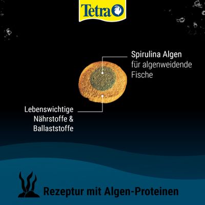 Tetra. Spirulina Algen für algenweidende Fische, lebenswichtige Nährstoffe und Ballaststoffe. Rezeptur mit Algen-Proteinen.