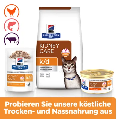 Hill's Prescription Diet Kidney Care k/d Trocken- und Nassfutter für Katzen. Probieren Sie unsere köstliche Trocken- und Nassnahrung aus.