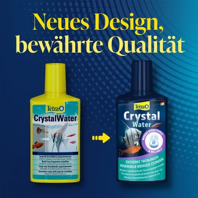 Tetra CrystalWater Flasche im alten und neuen Design. Text: Neues Design, bewährte Qualität. Entfernt Trübungen innerhalb weniger Stunden.