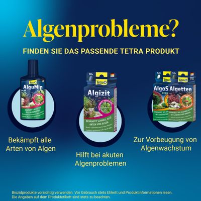 Tetra AlguMin bekämpft alle Arten von Algen, Tetra Algizit hilft bei akuten Algenproblemen, Tetra AlgoS Algetten zur Vorbeugung von Algenwachstum.