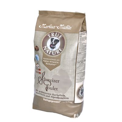 Markus Mühle True Nature helfoder för hund med naturlig vitaminkomplex, schweizisk kyckling, med ångade potatisar, havsfisk och alpörter, kallpressat, 1,5 kg