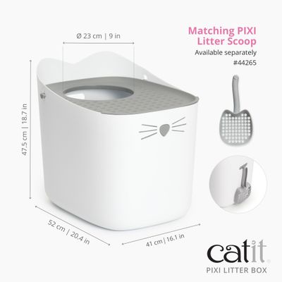 catit PIXI Litter Box con dimensioni: 52 x 41 x 47,5 cm, apertura Ø 23 cm. Paletta PIXI adatta disponibile separatamente (#44265).