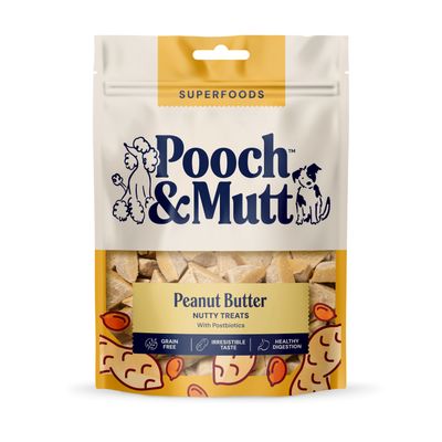 Pooch & Mutt Peanut Butter Nutty Treats with postbiotics, superfoods, grain-free, irresistible taste, healthy digestion.