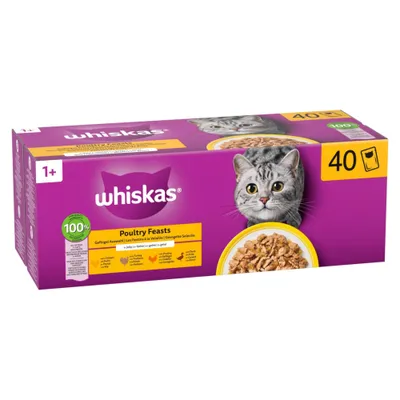 Whiskas 1+ Adult Frischebeutel 40 x 85 g - Geflügel in Gelee (4 Sorten) Whiskas 1+ Adult Frischebeutel 40 x 85 g - Geflügel in Gelee (4 Sorten)
