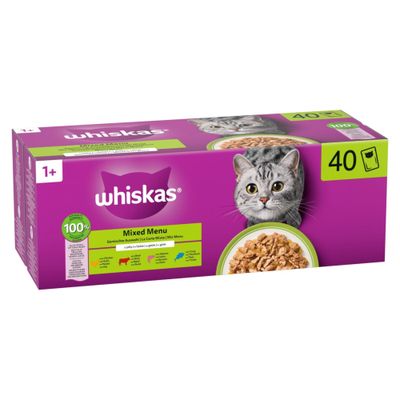 Whiskas Auswahl: Tasty Mix, Duo, Aromatic, Kitten. Perfekte Geschmacksvielfalt für Katzen, verschiedene Sorten und Altersgruppen sichtbar.