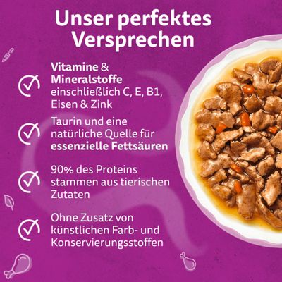 Unser perfektes Versprechen: Vitamine und Mineralstoffe inkl. C, E, B1, Eisen, Zink; Taurin, essentielle Fettsäuren; 90% Protein tierisch; ohne künstliche Farb- und Konservierungsstoffe.
