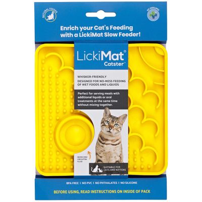 LickiMat Catster yellow feeding mat, suitable for cats and kittens. BPA-free, contains no PVC, phthalates or silicone. For wet food and liquids.
