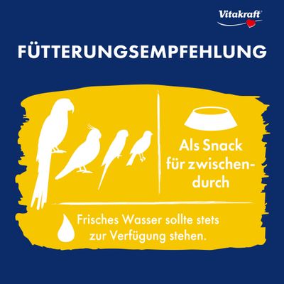 Vitakraft etetési javaslat: Köztes snackként adható. Friss víz mindig legyen elérhető.
