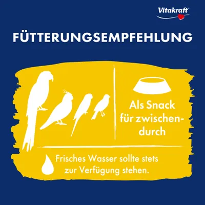 Vitakraft etetési javaslat: Köztes snackként adható. Friss víz mindig legyen elérhető.