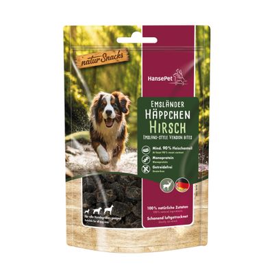 HansePet naturSnacks Trainingshappen: Pute, Ente, Rind, Lamm, Hirsch. Belohnen, motivieren, begeistern! 100% natürliche Zutaten, verschiedene Sorten sichtbar.