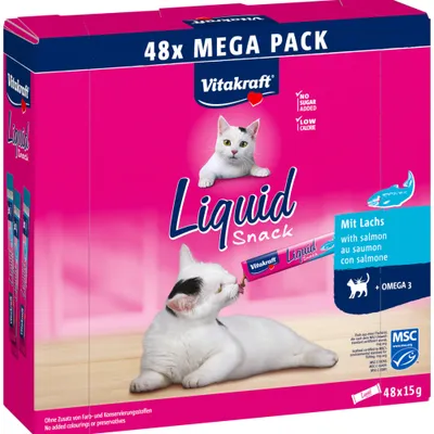 Vitakraft Liquid Snack 48x Mega Pack lazaccal, hozzáadott cukor nélkül, alacsony kalóriatartalommal, Omega-3-mal, színezék és tartósítószer nélkül, MSC tanúsítvánnyal.