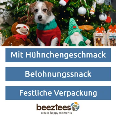 Mit Hühchengeschmack, Belohnungssnack, festliche Verpackung. beeztees create happy moments! Mit Hühchengeschmack, Belohnungssnack, festliche Verpackung. beeztees create happy moments!