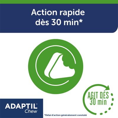 ADAPTIL Chew, action rapide dès 30 min*, agit dès 30 min. *Délai d’action généralement constaté.