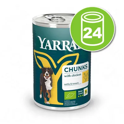 Yarrah Chunks with chicken, nettle & tomato, boîte pour chien, lot de 24. Labels visibles : bio UE, Beter Leven 3 étoiles. Yarrah Chunks with chicken, nettle & tomato, boîte pour chien, lot de 24. Labels visibles : bio UE, Beter Leven 3 étoiles.