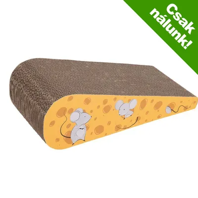 Hullám alakú karton kaparó, oldalán egér és sajt mintával. Sarokban zöld mező: Csak nálunk! Hullám alakú karton kaparó, oldalán egér és sajt mintával. Sarokban zöld mező: Csak nálunk!