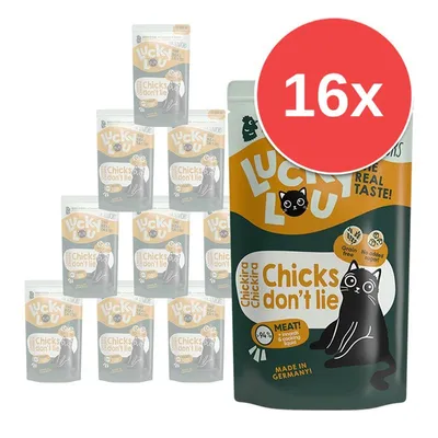 16× Lucky Lou Chicks don't lie, Grain free, No added sugar, MEAT! 94 %, MADE IN GERMANY!, balení kapsiček s černou kočkou na obalu