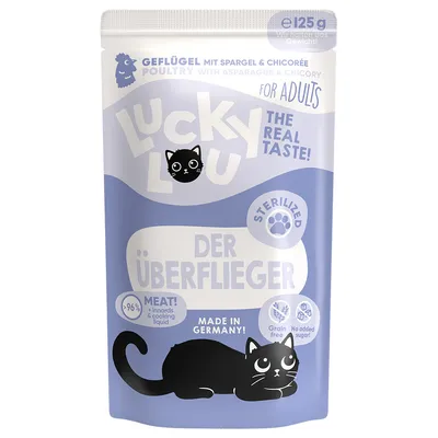 Lucky Lou Der Überflieger, πουλερικά με σπαράγγια & ραδίκι, για στειρωμένες ενήλικες γάτες, Made in Germany, >96% κρέας, χωρίς δημητριακά, χωρίς προσθήκη ζάχαρης, 125g.