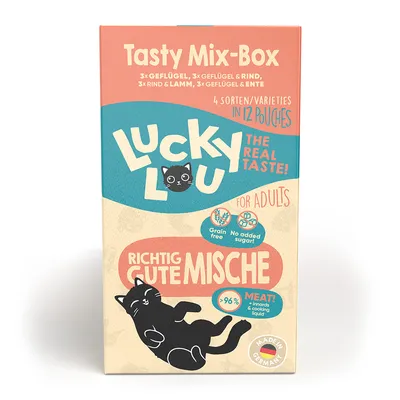 Lucky Lou Tasty Mix-Box, 4 variétés en 12 sachets pour chats adultes, sans céréales, sans sucre ajouté, plus de 96 % viande, made in Germany. Textes en anglais et allemand.