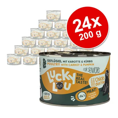Lucky Lou siipikarjaa porkkanalla ja kurpitsalla, senioreille, 24 x 200 g, valmistettu Saksassa, yli 94 % lihaa sisäelimineen ja keitinliemineen. Lucky Lou siipikarjaa porkkanalla ja kurpitsalla, senioreille, 24 x 200 g, valmistettu Saksassa, yli 94 % lihaa sisäelimineen ja keitinliemineen.