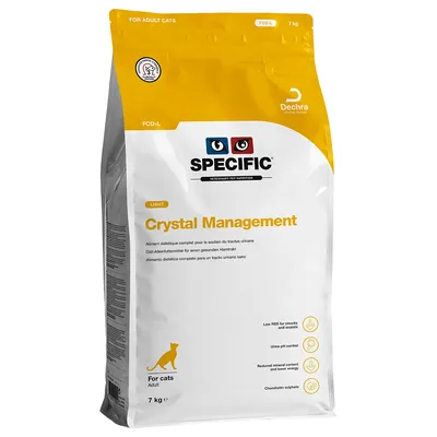 Specific Crystal Management FCD-L, diétás teljes értékű eledel felnőtt macskáknak az egészséges húgyutak támogatására, 7 kg. Alacsony RSS-érték, csökkentett ásványi anyagok és energia.