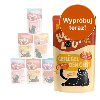 Saszetka Lucky Lou Geflügel den Geist dla kota, 96% mięsa, bez zbóż i cukru, napis: Wypróbuj teraz! Widoczne inne warianty smakowe w tle.