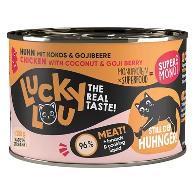 Lucky Lou The Real Taste! kana kookoksella ja gojimarjalla, 200 g. 96 % lihaa, sisäelimiä ja keitinlientä. Made in Germany. Monoproteiini x superfood. Super Mono2.