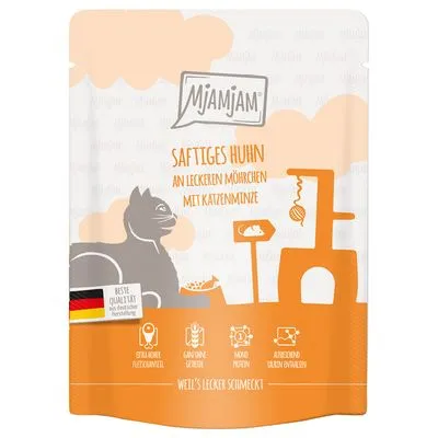 Mjamjam Saftiges Huhn an leckeren Möhrchen mit Katzenminze. Beste Qualität aus deutscher Herstellung. Weil’s lecker schmeckt. Pictogrammen: vlees, botten, vis, vitaminen.