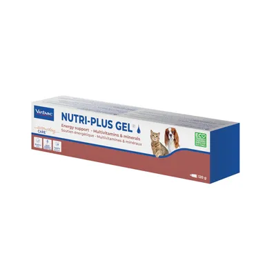 Virbac NUTRI-PLUS GEL 120 g, soutien énergétique, multivitamines et minéraux, pour chiens et chats, texte visible : Energy support, Multivitamins & minerals, ECO FRIENDLY PACKAGING