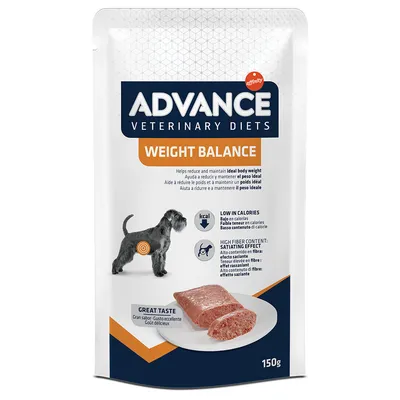 Advance Veterinary Diets Weight Balance, sachet 150 g pour chien. Texte visible : faible teneur en calories, effet rassasiant, goût délicieux. Image de pâtée sur assiette. Advance Veterinary Diets Weight Balance, sachet 150 g pour chien. Texte visible : faible teneur en calories, effet rassasiant, goût délicieux. Image de pâtée sur assiette.