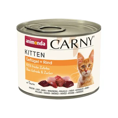 Animonda Carny Kitten fjerkræ + oksekød, 100% friske ingredienser, uden korn og sukker, med taurin.