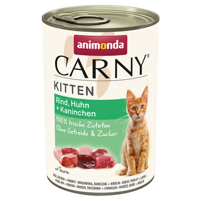 Animonda Carny Kitten vådfoder, oksekød, kylling og kanin. 100% friske ingredienser, uden korn og sukker, med taurin.
