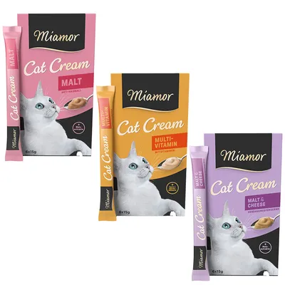 Miamor Cat Cream w trzech wariantach: malt na kulki włosowe, multiwitamina z witaminami, malt i ser wspomagające trawienie. Opakowania po 6x15g.