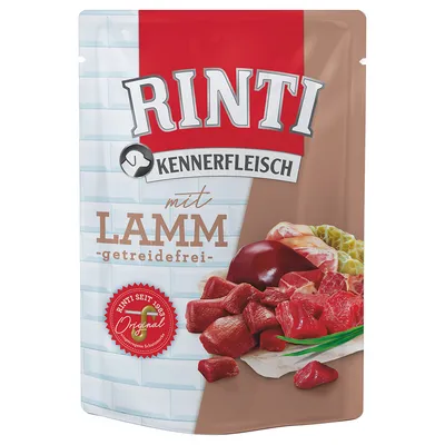 RINTI Kennerfleisch mit Lamm -getreidefrei- koiran märkäruokapakkaus, näkyvissä lampaanlihaa ja sisäelimiä. Punainen merkki: Rinti seit 1983 Original.