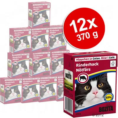 Bozita Rinderhack Nötfärs mačja hrana, 12 pakiranja po 370 g. Na pakiranju slika crno-bijele mačke i oznaka 93 %. Vidljiv tekst na njemačkom i švedskom jeziku.