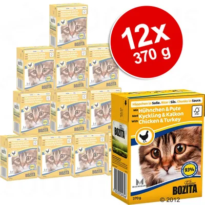 Bozita Feline hrana za mačke, 12 x 370 g, piletina i puretina. Na pakiranju piše 'Chunks in Sauce' i '93% životinjskih proteina'. Prikazana žuta ambalaža s licem mačke.