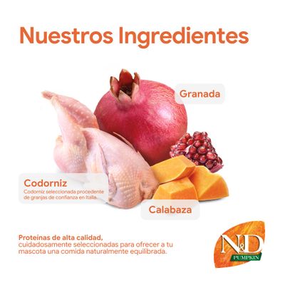 N&D Pumpkin Ingredientes: granada, codorniz de granja italiana, calabaza. Proteínas de alta calidad para una alimentación equilibrada para mascotas.