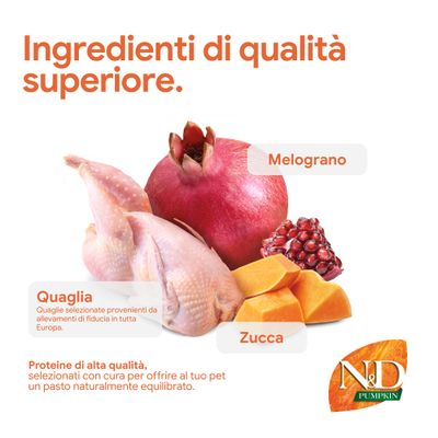 N&D Pumpkin: componenti melograno, quaglia, zucca. Proteine di alta qualità per pasti equilibrati, accuratamente selezionate da fonti europee affidabili.