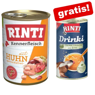 RINTI Kennerfleisch mit Huhn, getreidefrei. Gratis: RINTI Drinki Trinksnack mit Ente, kalorienarm, leicht und lecker, 185 ml. RINTI Kennerfleisch mit Huhn, getreidefrei. Gratis: RINTI Drinki Trinksnack mit Ente, kalorienarm, leicht und lecker, 185 ml.