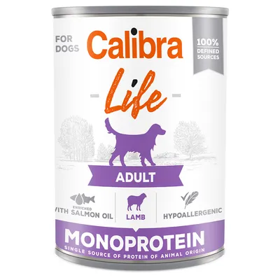 Calibra Life Adult Monoprotein krmivo pre psy s jahňacinou, obohatené o lososový olej, hypoalergénne, 100 % definované zdroje.
