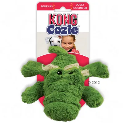 Brinquedo de peluche verde para cães, marca KONG Cozie. Embalagem com texto: SQUEAKS, JOUET COUINEUR. Imagem de cão visível na embalagem.