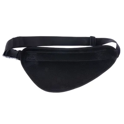 Ceinture noire réglable avec boucle en plastique, surface en tissu mesh respirant, vue de face. Aucun logo ou texte visible.