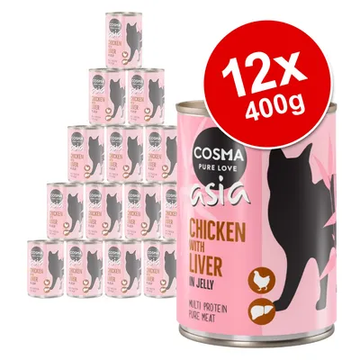 Pack of 12 Cosma Asia Chicken with Liver in Jelly, 400g cans. Multi protein, pure meat. Product label shows chicken and liver icons.