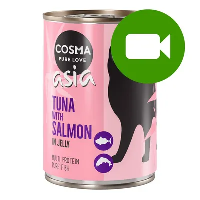 Przycisk odtwarzania wideo. Kliknij tutaj, aby obejrzeć film dotyczący produktu Cosma Asia Tuna with Salmon in Jelly.
