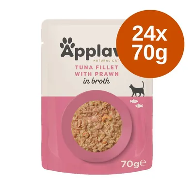 Applaws Tuna Fillet with Prawn in Broth dla kota, opakowanie 70 g, widoczna informacja: 24x70g