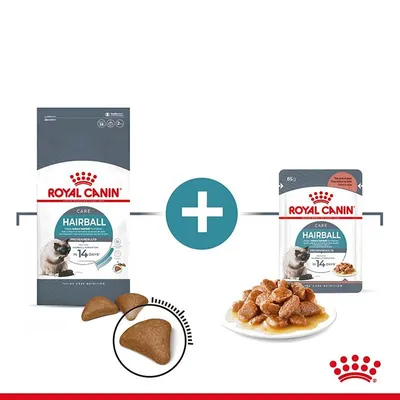 Пакет суха и пауч консервирана храна за котки Royal Canin Hairball Care, видими гранули и парчета в сос. Видим текст: IN 14 DAYS*.