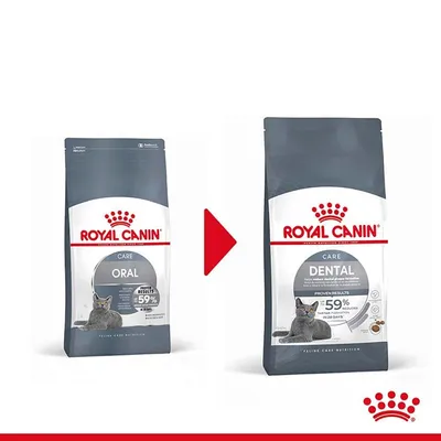 Преход на опаковката от Royal Canin Care Oral към Royal Canin Care Dental за котки. Видими са двете торби с лого, изображение на котка и надпис „-59%“ на предната част.