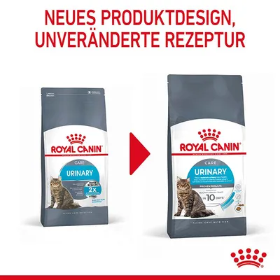 Royal Canin Care Urinary Katzenfutter. Neues Produktdesign, unveränderte Rezeptur. Verpackung zeigt bewährte Ergebnisse für Harnwegsgesundheit in 10 Tagen.